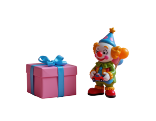 Colorful clown toy stands next to a pink gift box with ribbon