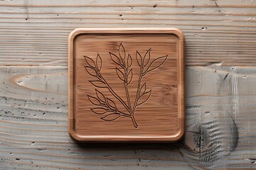 Wooden board with engraved leaf design high resolution picture