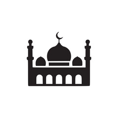 Vector art of a minimalist black mosque icon, symbolizing islamic architecture, religion, and cultural heritage with a clean and simple design