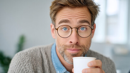 Surprised man in office holding coffee cup