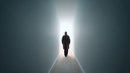 Obraz premium Shadowy figure walking towards light at the end of a narrow hallway