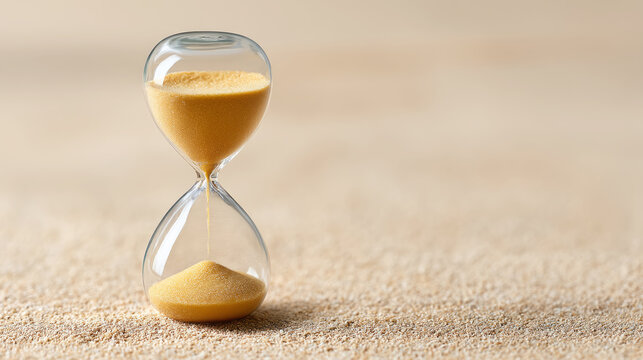 Time conceptual image with sand running through hourglass on sandy background