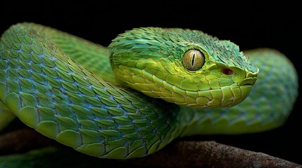 Fototapeta premium Front view of a large-eyed green pit viper, an endemic species of Southeast Asia.