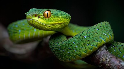 Fototapeta premium Front view of a large-eyed green pit viper, an endemic species of Southeast Asia.