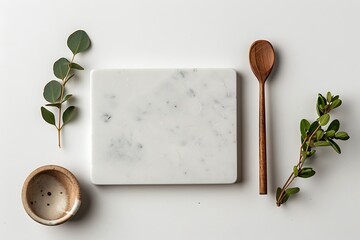 Wooden kitchen spoon beside marble slab high resolution picture