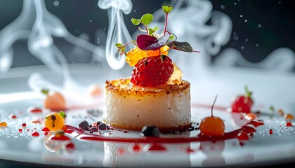 Elegant dessert with vibrant toppings and smoke