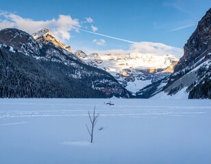 Frozen lake with snowy mountains
