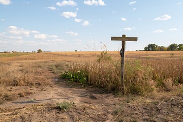 Wooden post in rural dry field high resolution picture