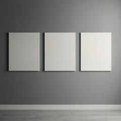 Three blank canvases are displayed on a gray wall, creating a minimalist art scene. The canvases are evenly spaced and oriented vertically.