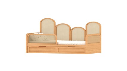 Wooden baby bed with rattan headboard and drawers, 3D render of modern kids furniture