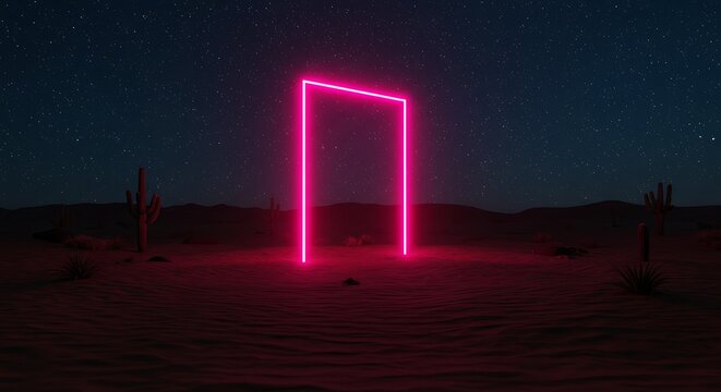 Glowing neon doorway in desert landscape under a starry night sky