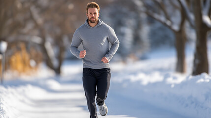 Athletic man jogging outdoors in winter attire on a snow-covered path, showcasing an active lifestyle and commitment to health and fitness in a serene environment