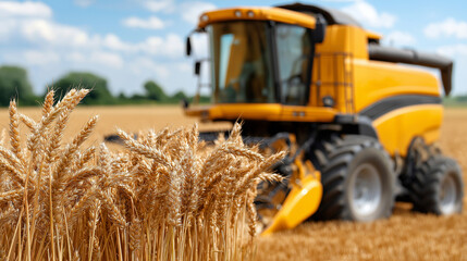 Fototapeta premium Agricultural machinery harvesting golden wheat in a vast field under a blue sky, showcasing the farming process and modern technology in action