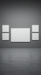 Fototapeta premium Five blank canvases (two small, three large) on a smooth gray wall, polished wooden floor, soft ambient lighting, reflections on the floor, minimalist design, calm and open space.