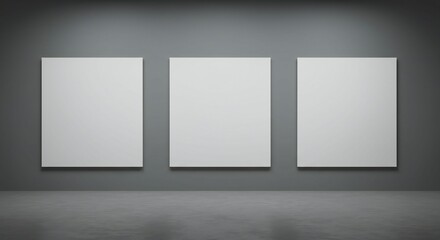 A minimalist art gallery featuring three blank canvases mounted on a gray wall. The floor is smooth and polished, enhancing the simplicity of the scene.
