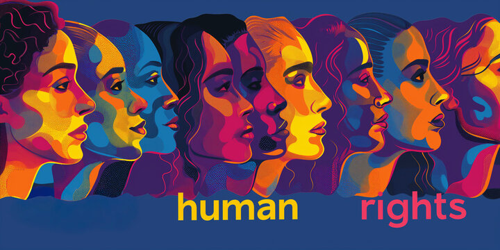 Colorful illustration showcasing diverse female profiles in vibrant hues, symbolizing unity and empowerment, with the phrase "human rights" prominently displayed in bold letters