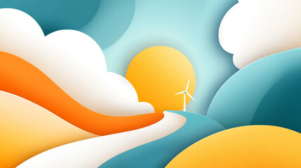 Vibrant abstract landscape illustration featuring rolling hills, a bright sun, and a wind turbine, showcasing a harmonious blend of colors and shapes in a serene environment