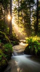 Sunlight streams through misty forest over a flowing creek