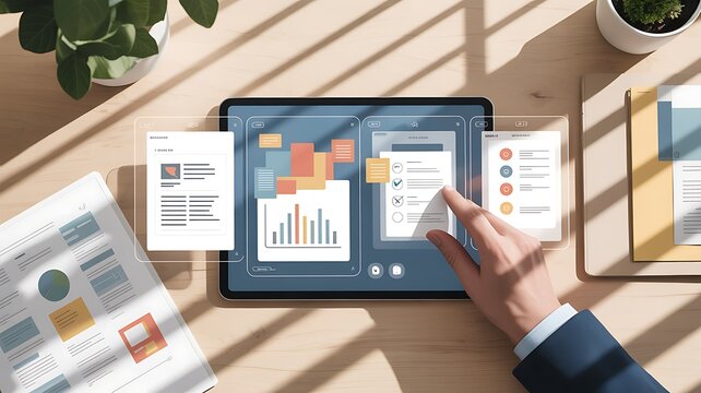 Hand interacting with digital interface displaying charts and lists on tablet screen graphs - Powered by Adobe