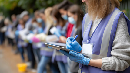 Group of volunteers wearing masks and gloves, engaged in community service, with one individual taking notes on a tablet, showcasing teamwork and dedication to environmental efforts