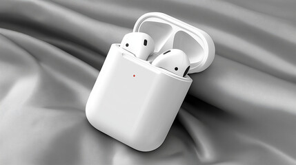Wireless earbuds in a sleek white charging case resting on soft gray fabric, showcasing modern design and technology for music lovers and audio enthusiasts