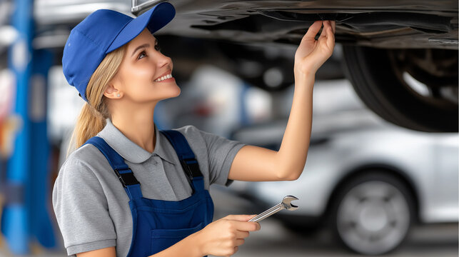 Female mechanic in blue overalls and cap is smiling while working under a car in a garage, showcasing her skills and dedication to automotive repair and maintenance