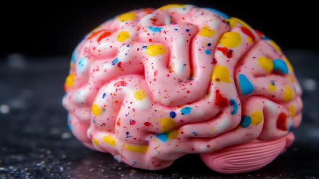 Pink brain model decorated with colorful sprinkles