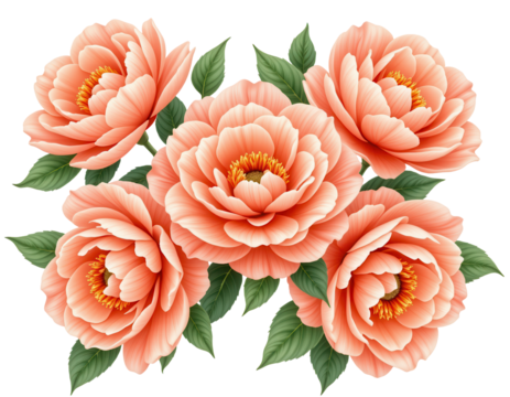 Delicate Coral Peonies with Lush Green Leaves on Transparent background - Powered by Adobe