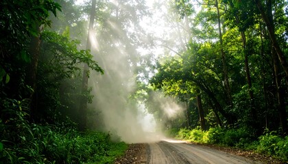 Sunlight streams through misty jungle path