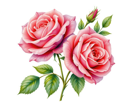 Pink Roses with Green Leaves on a Transparent Background