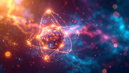 A glowing atom model floats in a vibrant, cosmic nebula. Orbital paths and energy emanate, with bokeh effects