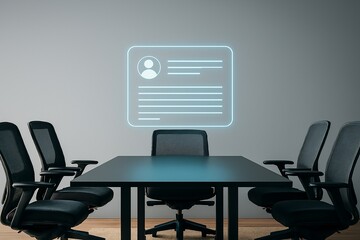 High-tech, human-free meeting environment showcasing next-gen collaboration tools.