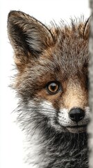 Fototapeta premium Curious fox peeking around a tree during a bright day in a forest habitat