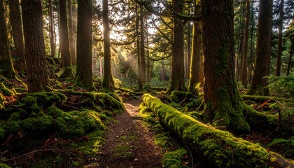 Sunlight streams through mossy forest path