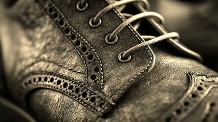 Close-up of a beautifully crafted leather shoe showcasing intricate details and craftsmanship in a well-lit environment