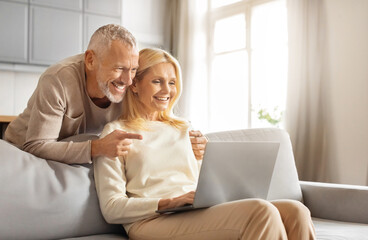 Mature People And Digital World. Happy Senior Couple Using Laptop Together Browsing Internet...