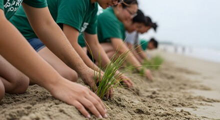 Volunteers planting grass on the beach for coastal restoration and environmental conservation project
