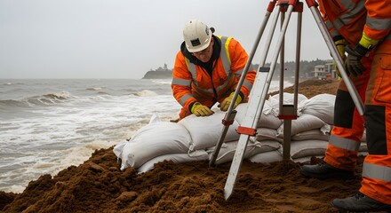 Workers constructing a sandbag barrier along the coastline to protect against coastal erosion and flooding