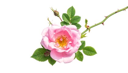Naklejka premium A delicate, pink flower with a yellow center, buds, and vibrant green leaves and stem against a stark white background