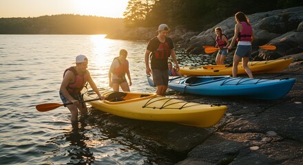 Group of people preparing to kayak on a lake at sunset with kayaks on the rocky shoreline