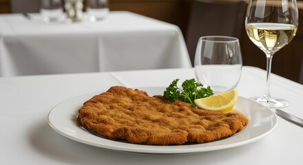 A plate of schnitzel with lemon and parsley alongside a glass of white wine on a white table