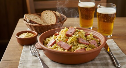 A hearty meal featuring cabbage and meat served with beer bread and mustard on a wooden table top