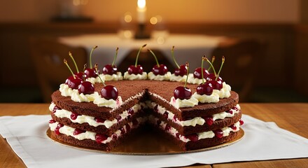 A black forest cake with cherries and cream filling on a white cloth with a slice removed