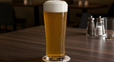 A tall glass of beer with a thick white head sits on a coaster on a wooden table in a dimly lit room
