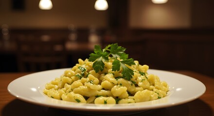 Close up of a plate of spaetzle topped with parsley on a wooden table in a restaurant setting