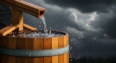 Rainwater harvesting from wooden gutter filling a barrel under a stormy sky with water splashing