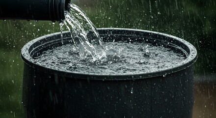 Rainwater flowing from a black pipe into a dark rain barrel with greenery in the blurred background