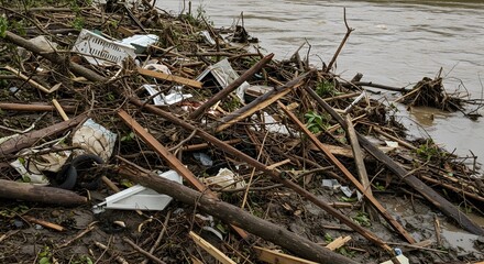 Debris and trash scattered along a riverbank after a flood event with muddy water visible nearby
