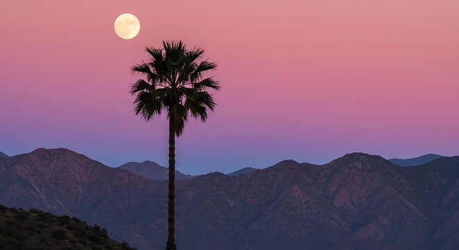 Palm tree silhouette against a vibrant sunset sky over mountain range