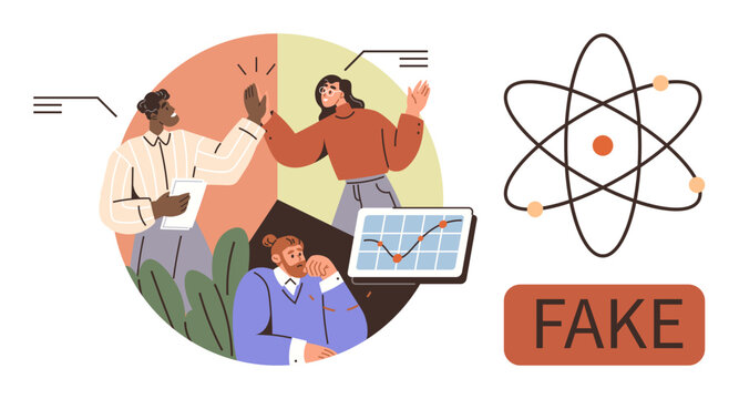 Diverse professionals discussing charts, data, and teamwork contrasted with a fake science diagram, hinting at misinformation. Ideal for teamwork, science fraud, data analysis, skepticism, education